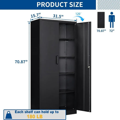 Metal Storage Cabinet-71” Tall Steel File Cabinets with Lockable Doors and Adjustable Shelves-Black Steel Storage Cabinet