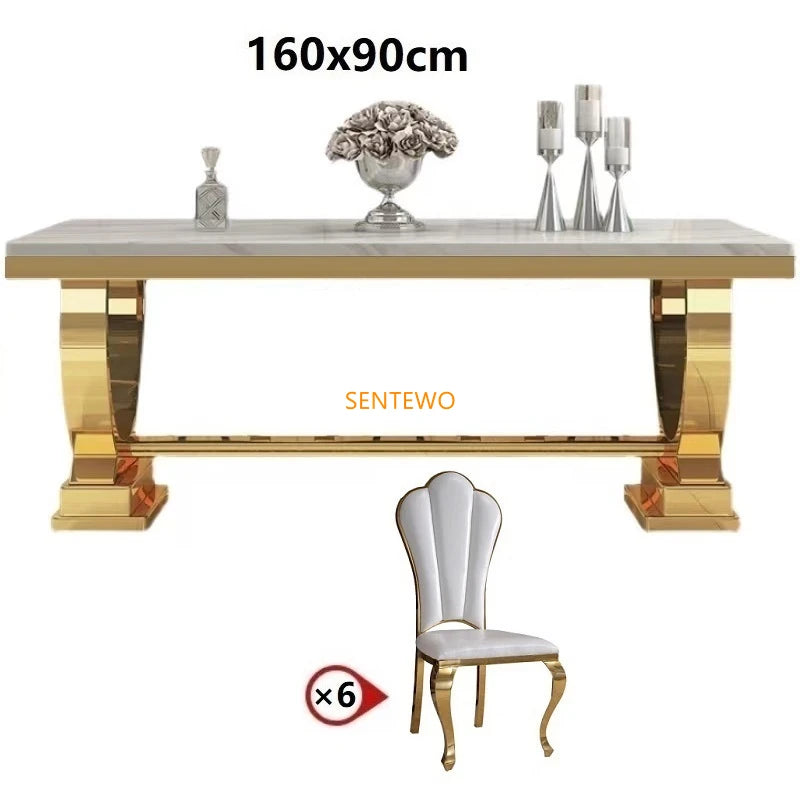 SENTEWO Ensemble de tables et chaises de salle à manger de luxe en marbre avec base en métal émaillé au titane et doré