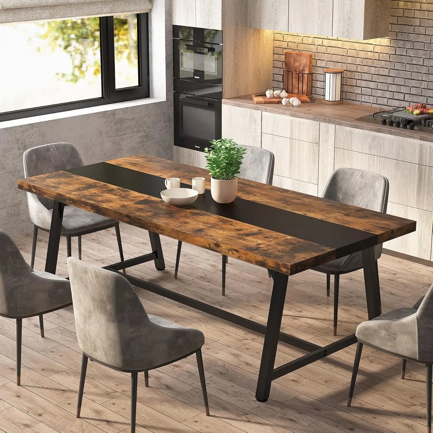 Juego de mesa de comedor. Mesa de comedor para 8 personas, mesa de cocina rectangular de madera de 70,87 pulgadas con marco de metal, mesa industrial grande y larga