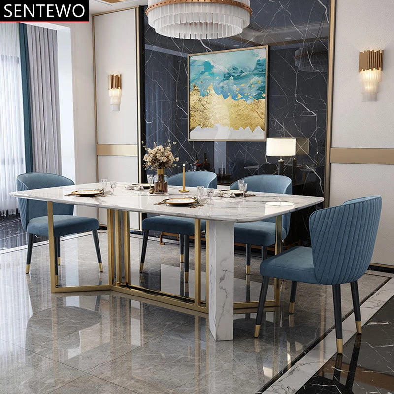 SENTEWO Table à manger de cuisine en marbre de luxe italien avec 6 chaises Ensemble de meubles à cadre doré en acier inoxydable Cadeiras De Jantar