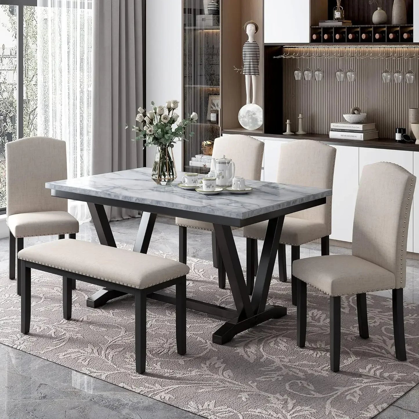 Juego de mesa de comedor para 6 personas, mesa de comedor rectangular con 4 sillas tapizadas y un banco, juego de sillas de mesa de cocina de madera