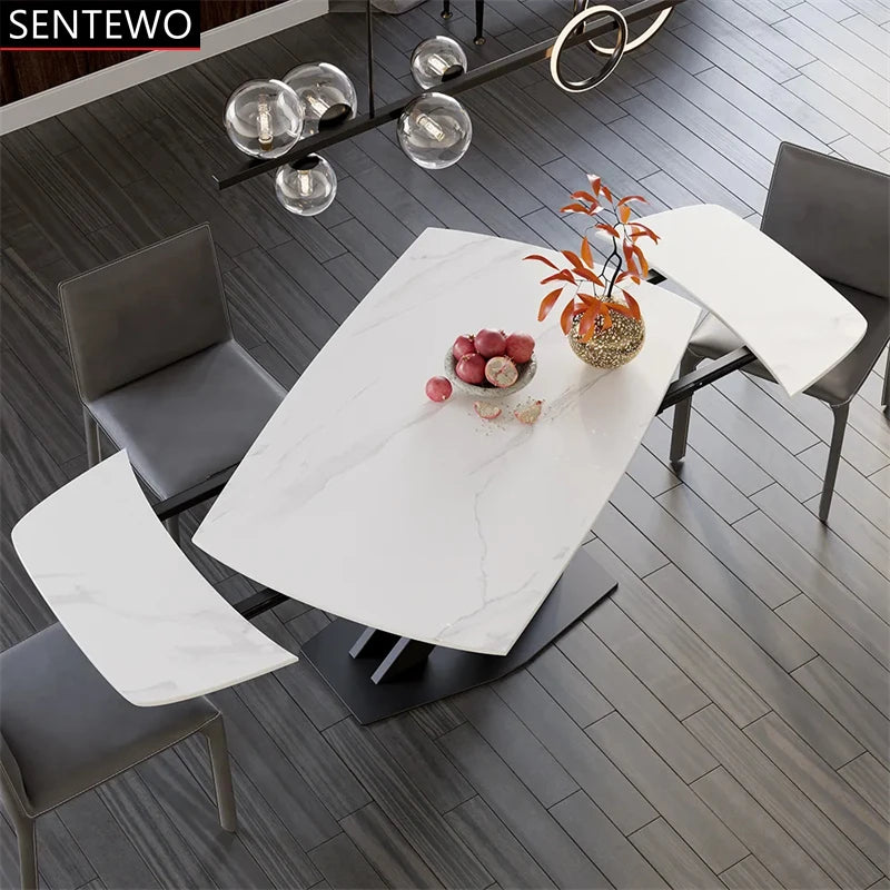 SENTEWO Table à manger extensible moderne en dalle de roche blanche avec 4 6 8 chaises, base en acier au carbone, table pliante noire, livraison gratuite