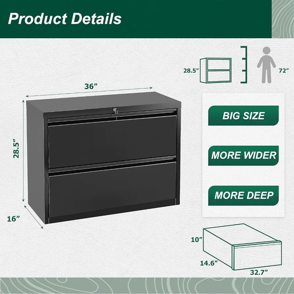 Classeur latéral en métal avec serrure, classeur à 2 tiroirs, classeur noir avec serrure, classeur pour bureau à domicile/lettre