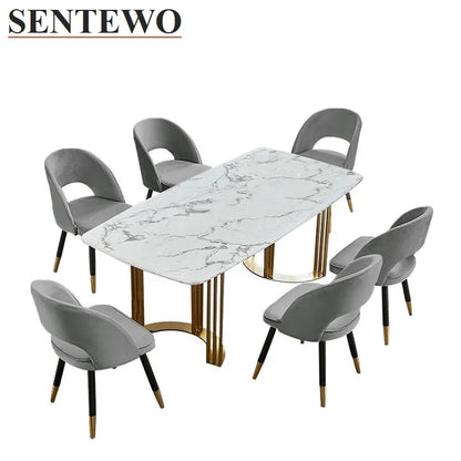 SENTEWO Ensemble de table à manger de luxe en marbre italien 6 chaises en acier inoxydable avec base plaquée or Meubles de maison Mesa Com 4 Cadeiras