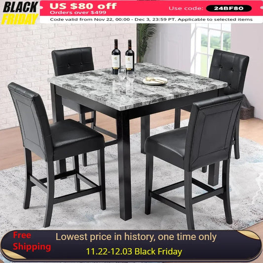 Juegos de comedor, juego de mesa de comedor de madera de 42" de altura con 4 sillas, juego de mesa de comedor Nordic Square de 5 piezas, color negro