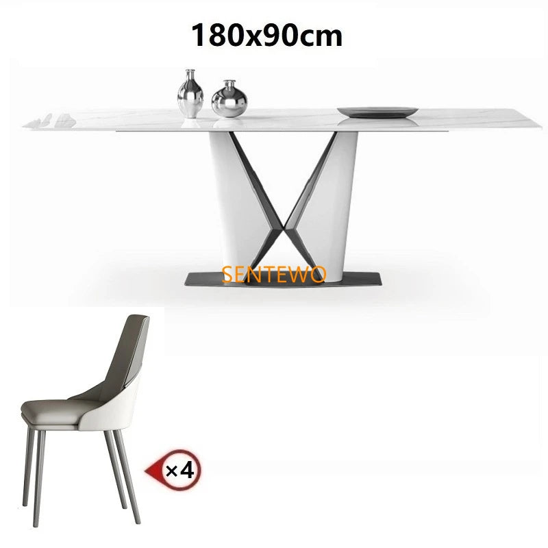 Juego de mesa de comedor de lujo con losa de mármol y 8 sillas, mesa de comedor de mármol, mesa de comedor de acero inoxidable con base dorada