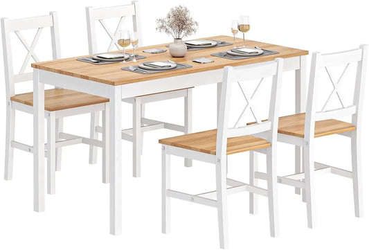 Juego de mesa de comedor para 4, mesa de comedor de madera de pino de 42,5 pulgadas con 4 sillas, juego de 5 sillas de mesa de cocina para espacios pequeños