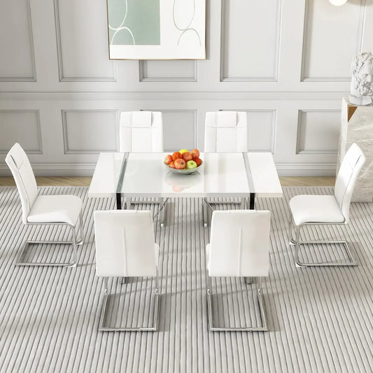 Ensemble de table à manger et chaises pour 6 personnes, 55" en cuir synthétique rembourré, salle à manger (ensemble de table à manger pour 6 personnes, blanc) Ensemble table et chaises