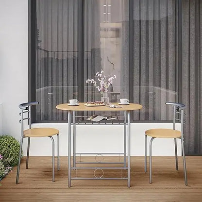 3 Piece Dining Table， Kitchen Table & Chair Sets, Compact Bistro Table Set with Steel Legs, Built-in Wine Rack for Small Space