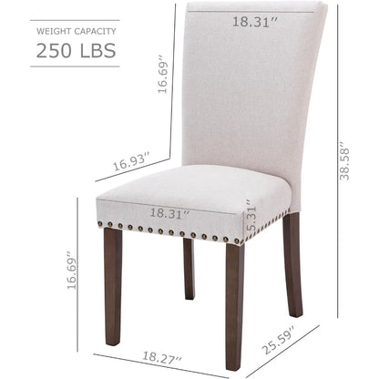 Juego de 4 sillas de comedor Parsons tapizadas, silla auxiliar de tela para comedor o cocina con borde de tachuelas y patas de madera, color beige