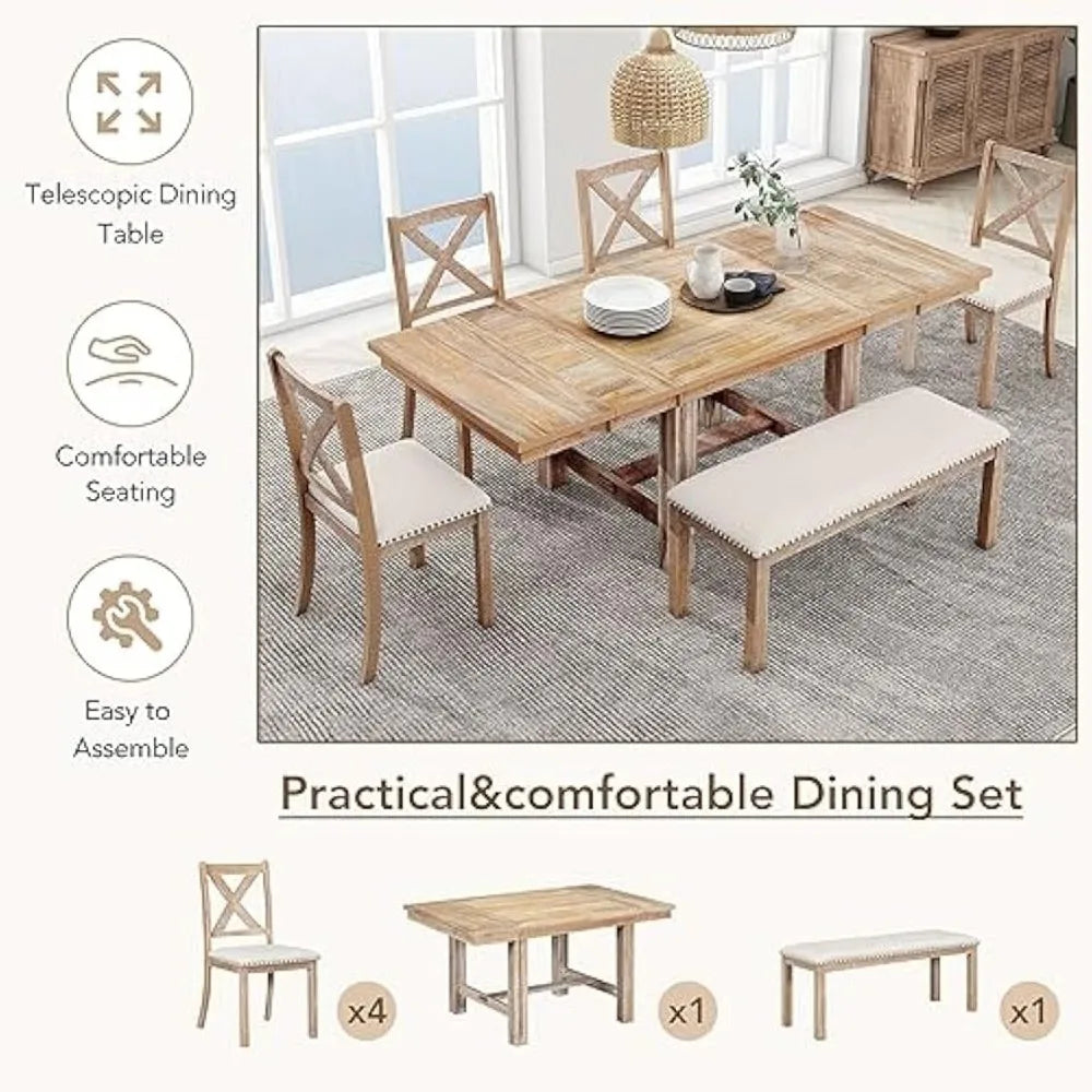 Juego de mesa de comedor de cocina de madera maciza con mesa extensible y banco y sillas tapizadas, juego de mesa de comedor de 6 piezas