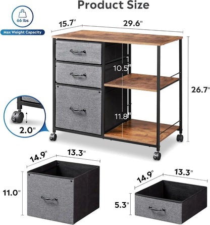 3-drawer mobile filing cabinet with rolling printer rack with open storage, suitable for A4 or home office