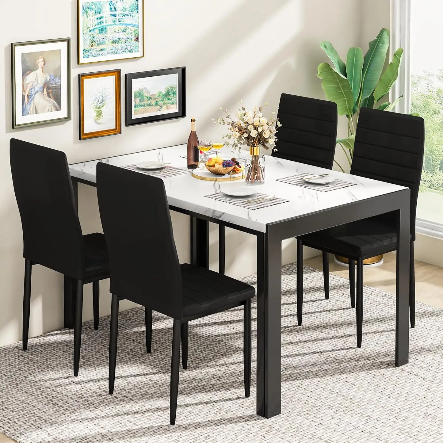 Juego de mesa de comedor para 4, juego de mesa y sillas de cocina moderno de 5 piezas, mesa de mármol sintético y 4 sillas de cuero PU para comedor