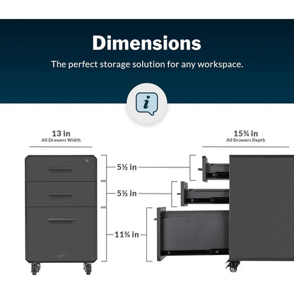 File Cabinet Three Drawer - Mobile Filing Cabinet for Home or Office - Lockable Drawers with and Rolling Casters - Charcoal Grey