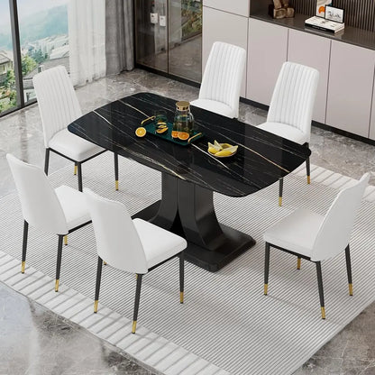 Juego de mesa de comedor moderno para 6 personas, juego de mesa y sillas de mármol para 6 personas, mesa rectangular con 6 sillas acolchadas de cuero sintético