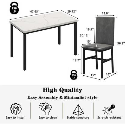 Juego de mesa de comedor de 4 piezas, juego de mesa de comedor de 5 piezas de mármol, 4 sillas con marco de terciopelo, cocina, bar, sala de estar, rincón de desayuno, espacio pequeño