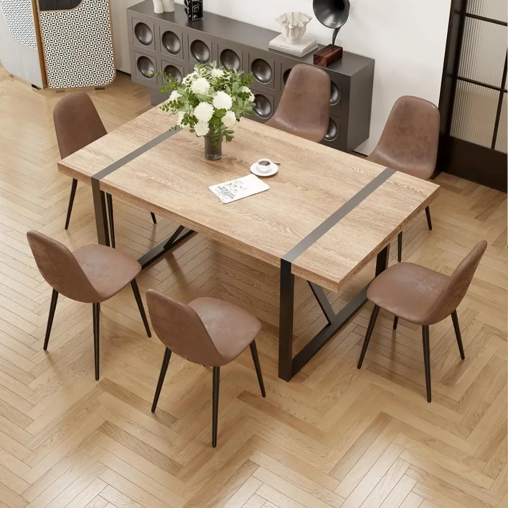 Juego de mesa de comedor de 7 piezas 6, mesa de comedor rectangular moderna de madera de 71'' y sillas de comedor de tela 6, mesa de cocina y sillas 6, ideal