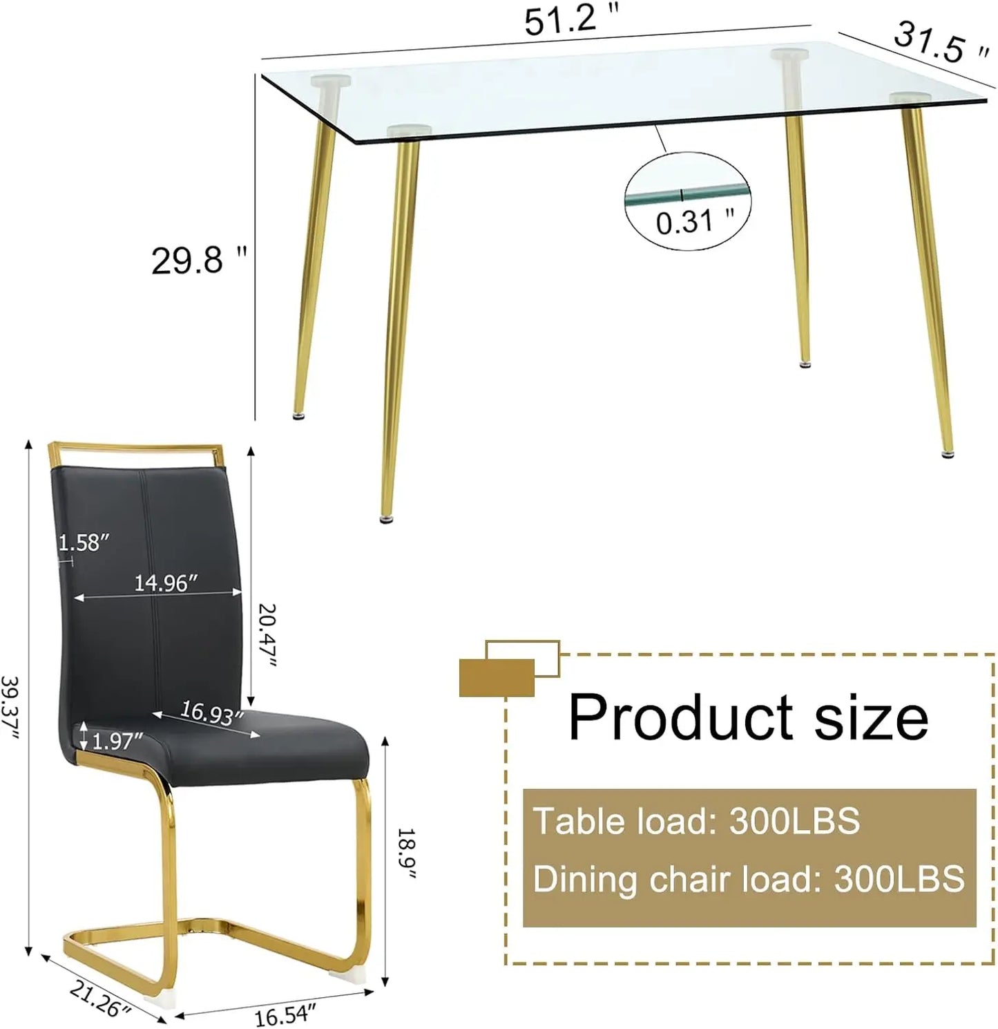 Juego de mesa de comedor de vidrio exuberante para mesa de comedor de 4,5 piezas y juego de sillas, mesa de comedor de cocina moderna con 4 sillas de cuero PU negro