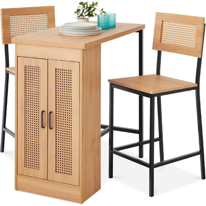 3-Piece Rattan Dining Set, Counter Height Boho Dining Table for Kitchen for 2, Dining Room w/Adjustable Storage Shelves