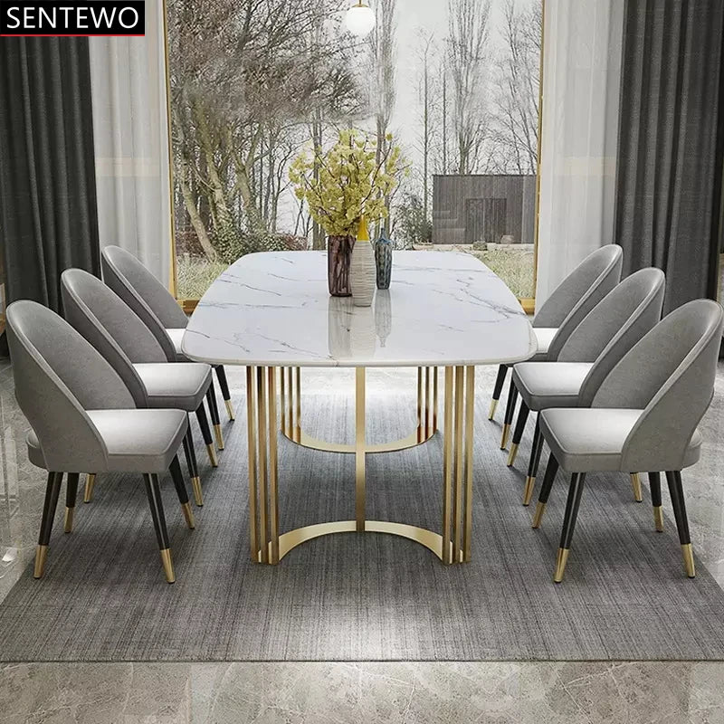 SENTEWO Ensemble de table à manger de luxe en marbre italien 6 chaises en acier inoxydable avec base plaquée or Meubles de maison Mesa Com 4 Cadeiras