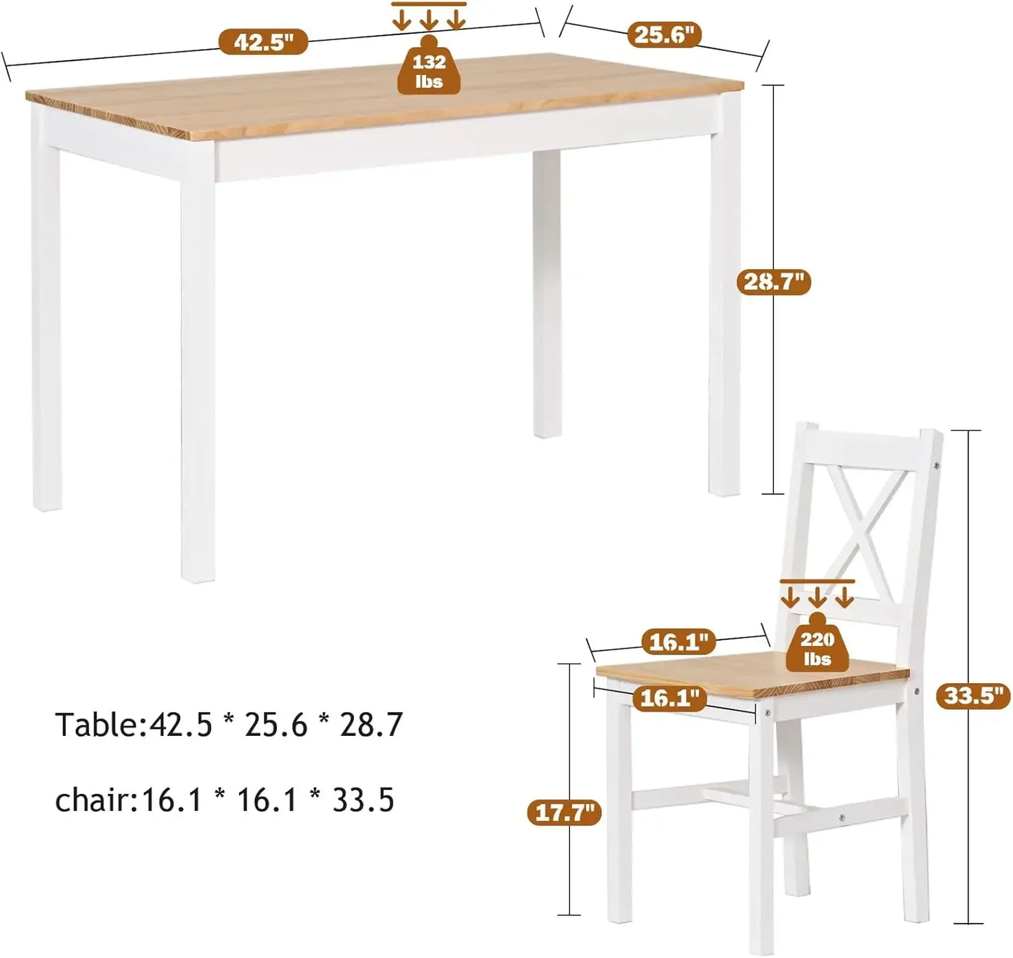 Juego de mesa de comedor para 4, mesa de comedor de madera de pino de 42,5 pulgadas con 4 sillas, juego de 5 sillas de mesa de cocina para espacios pequeños