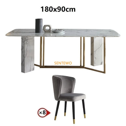 SENTEWO Ensemble de table à manger de cuisine et 6 chaises de luxe en marbre italien avec base en acier inoxydable doré