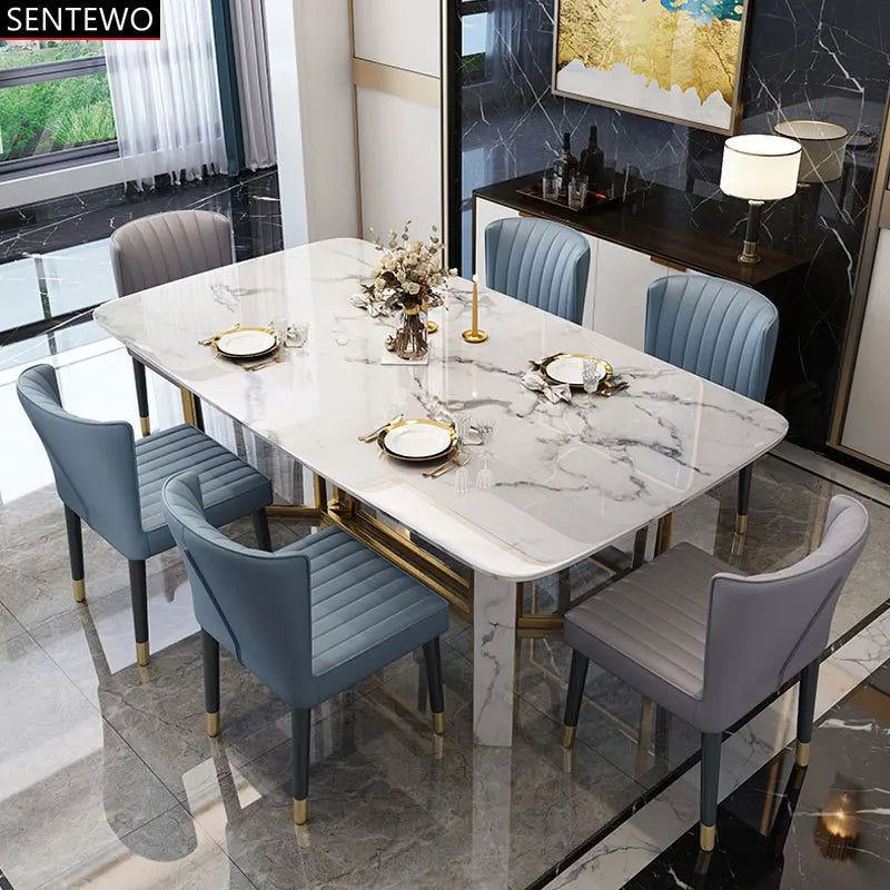 SENTEWO Free Shipping Italian Marble Dining Table Set With 4 6 Chairs Luxury Gold Frame With Stone Base Tables Room Furniture