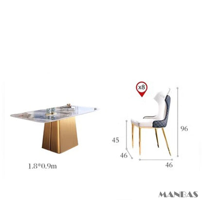 Juego de mesa y sillas de comedor de lujo MINGDIBAO: 8 sillas de cuero de acero inoxidable y mesa rectangular de piedra sinterizada - Muebles de cocina