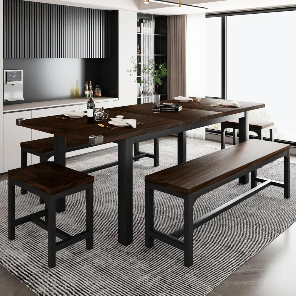 Ensemble de table à manger pour 4 à 8 personnes, ensemble de table de cuisine extensible avec 2 bancs et 2 tabourets carrés