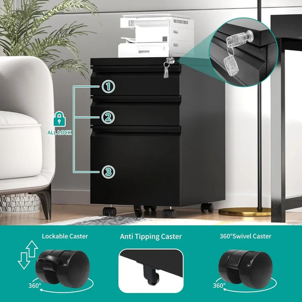 3 Drawer Mobile File Cabinet, Vertical File Cabinets with Lock and Wheels, Fully Assembled Metal Under Desk Filing Cabinet