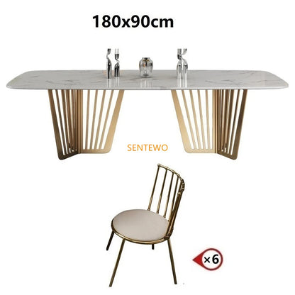 Mesa de comedor de cocina de mármol de lujo SENTEWO con juego de 8 sillas, mesa de comedor con base de metal esmaltado de titanio, mesas con 4 sillas