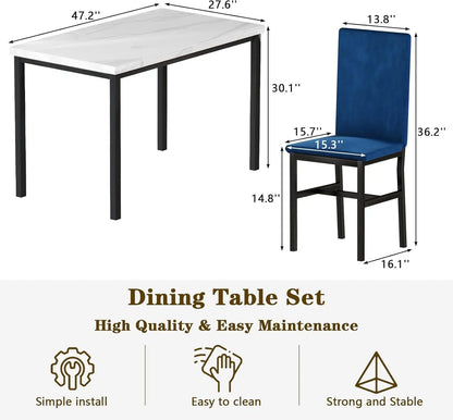 Ensemble de table à manger pour 4 personnes - Table de cuisine peu encombrante et chaises pour 4 personnes, plateau de table en faux marbre de style moderne et 4 chaises en velours bleu