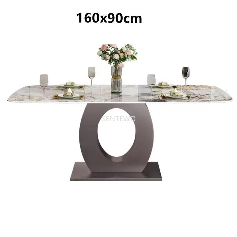 Juego de mesa de comedor de lujo de diseñador con losa de mármol y 8 sillas, mesa de comedor, muebles de mármol, base de acero inoxidable dorado