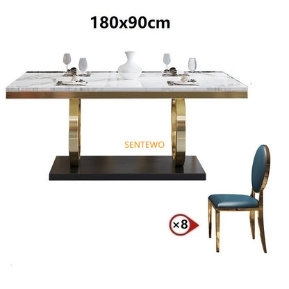 SENTEWO Juego de mesa de comedor de mármol de lujo, 6 sillas, mesas con marco dorado de acero inoxidable, sillas, muebles para el hogar, estilo retro