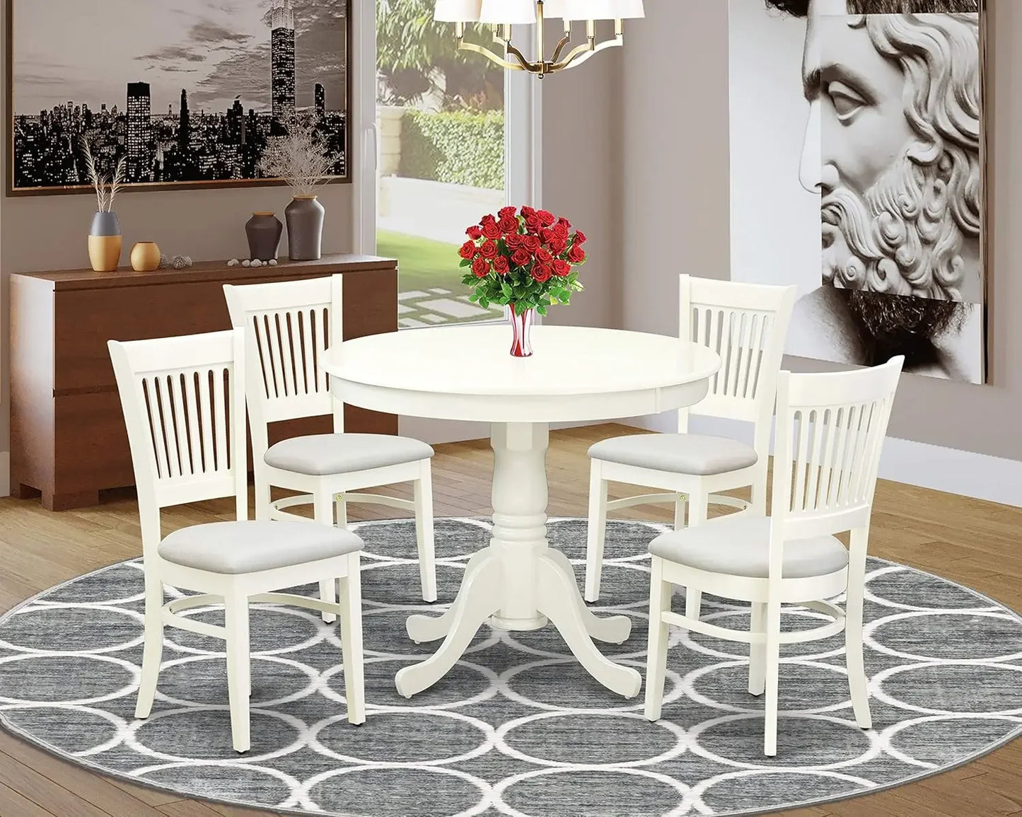 3 Piece Dining Room Furniture Set Contains a Round Dining Table with Pedestal and 2 Wood Seat Chairs, 36x36 Inch, Linen White