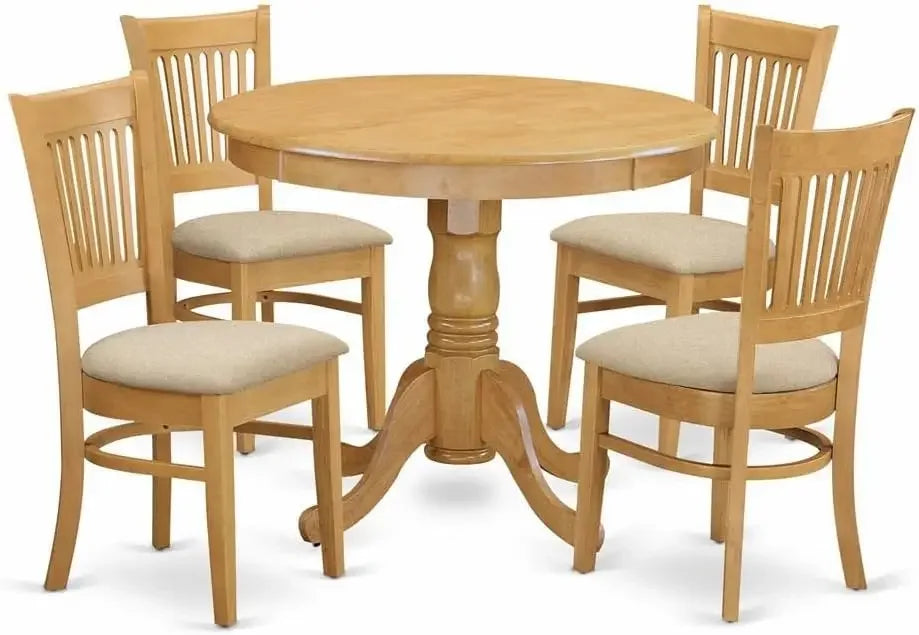 3 Piece Dining Room Furniture Set Contains a Round Dining Table with Pedestal and 2 Wood Seat Chairs, 36x36 Inch, Linen White