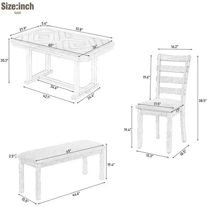 Juego de mesa de comedor para 6 personas, juego de mesa de cocina estilo granja con 4 sillas de comedor tapizadas y un banco largo, juego de mesa de comedor