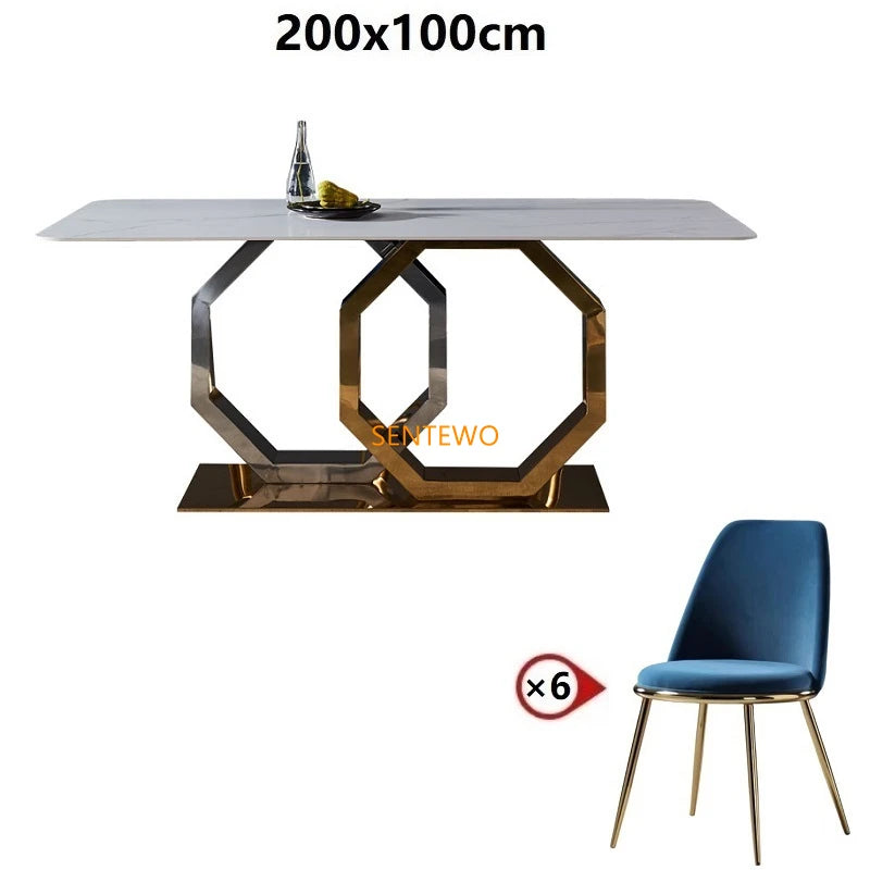 Mesa de comedor de mármol de lujo SENTEWO con 8 sillas de comedor, mesa de comedor con marco dorado, juego de sillas de mármol Basse