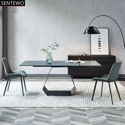 SENTEWO Table à manger en dalle de roche italienne avec chaises de salle à manger, base en acier au carbone, table en faux marbre, meubles de maison, assiettes de luxe