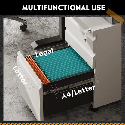 3 Drawer Mobile File Cabinet, Assembled (except casters), 17.1" D x 14.6" W x 23.8" H, Fits Letter/Standard Size, White