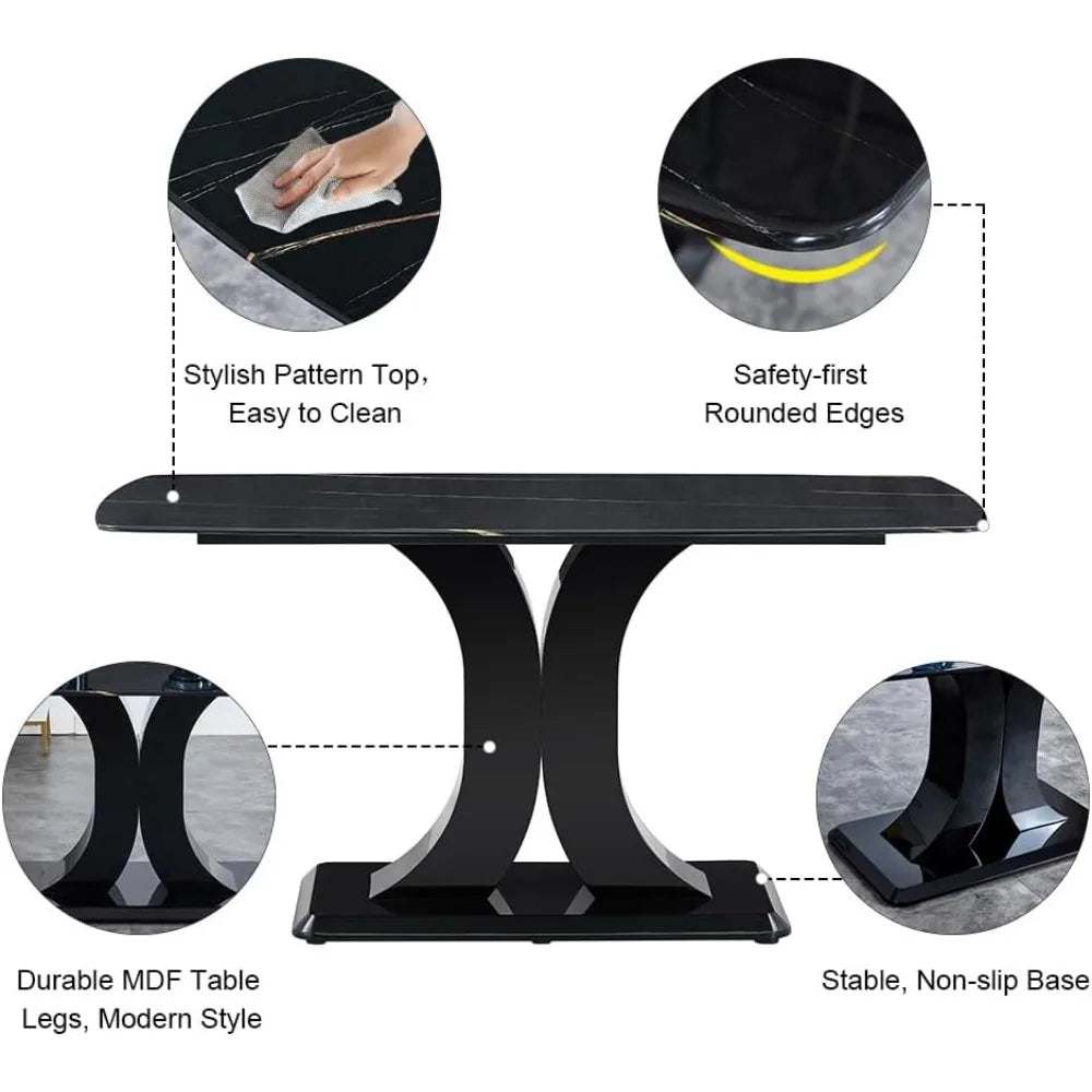 Juego de mesa de comedor moderno para 6 personas, juego de mesa y sillas de mármol para 6 personas, mesa rectangular con 6 sillas acolchadas de cuero sintético