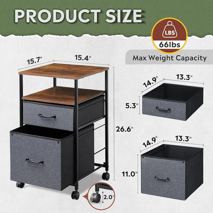 2 drawer mobile filing cabinet, rolling printer rack with open storage rack, suitable for A4 or home office