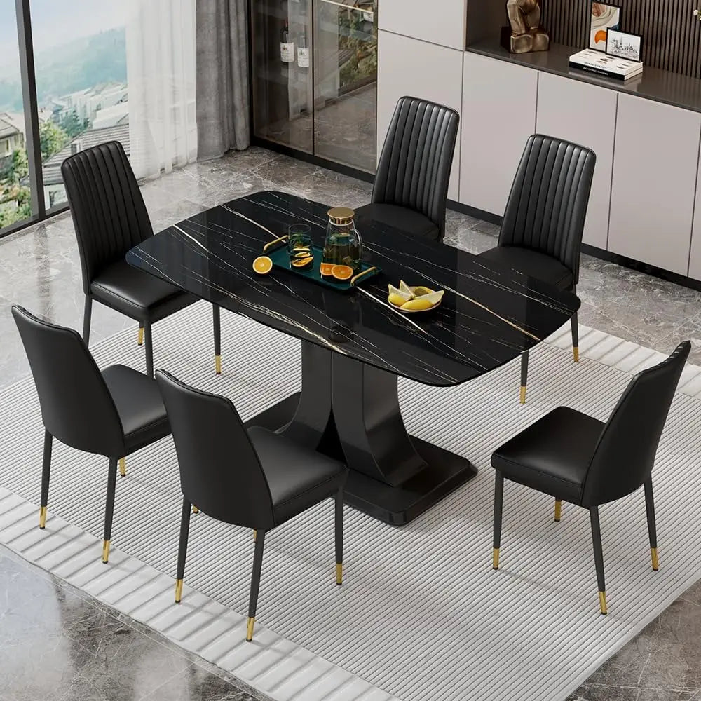 Juego de mesa de comedor moderno para 6 personas, juego de mesa y sillas de mármol para 6 personas, mesa rectangular con 6 sillas acolchadas de cuero sintético