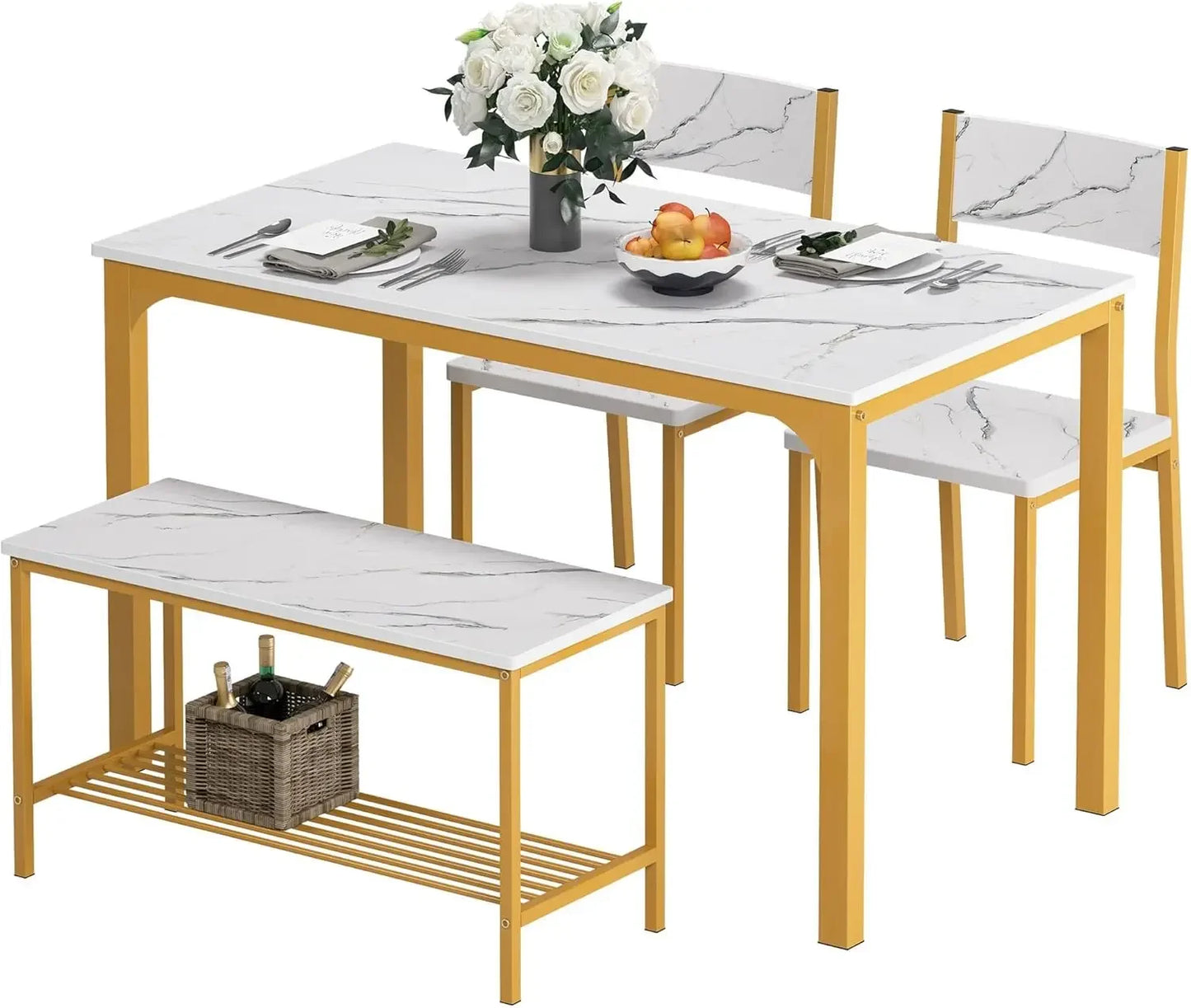 Juego de mesa de comedor para 4, juego de mesa de cocina con sillas y banco, juego de mesa de comedor de 4 piezas para espacios pequeños, apartamento