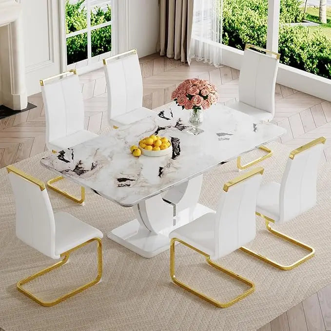 Juego de mesa de comedor moderna para 6 personas, juego de mesa de comedor de imitación de mármol blanco para 6 personas, juego de 6 sillas de cocina rectangulares de 63"