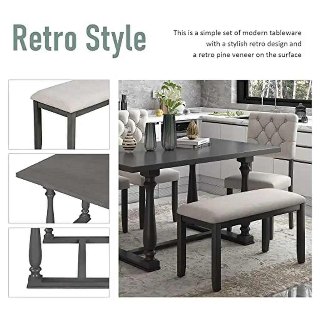 Wooden Dining Table Set Bench Chairs Retro Style 6-Piece Kitchen Family Room Melaleuca Material Gray Rustic Rectangle 220 lbs