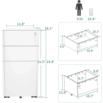 3-Drawer Slim File Cabinet with Lock, Mobile Metal Office Storage Filing Cabinet, Legal/Letter Size, Pre-Assembled File Cabinet