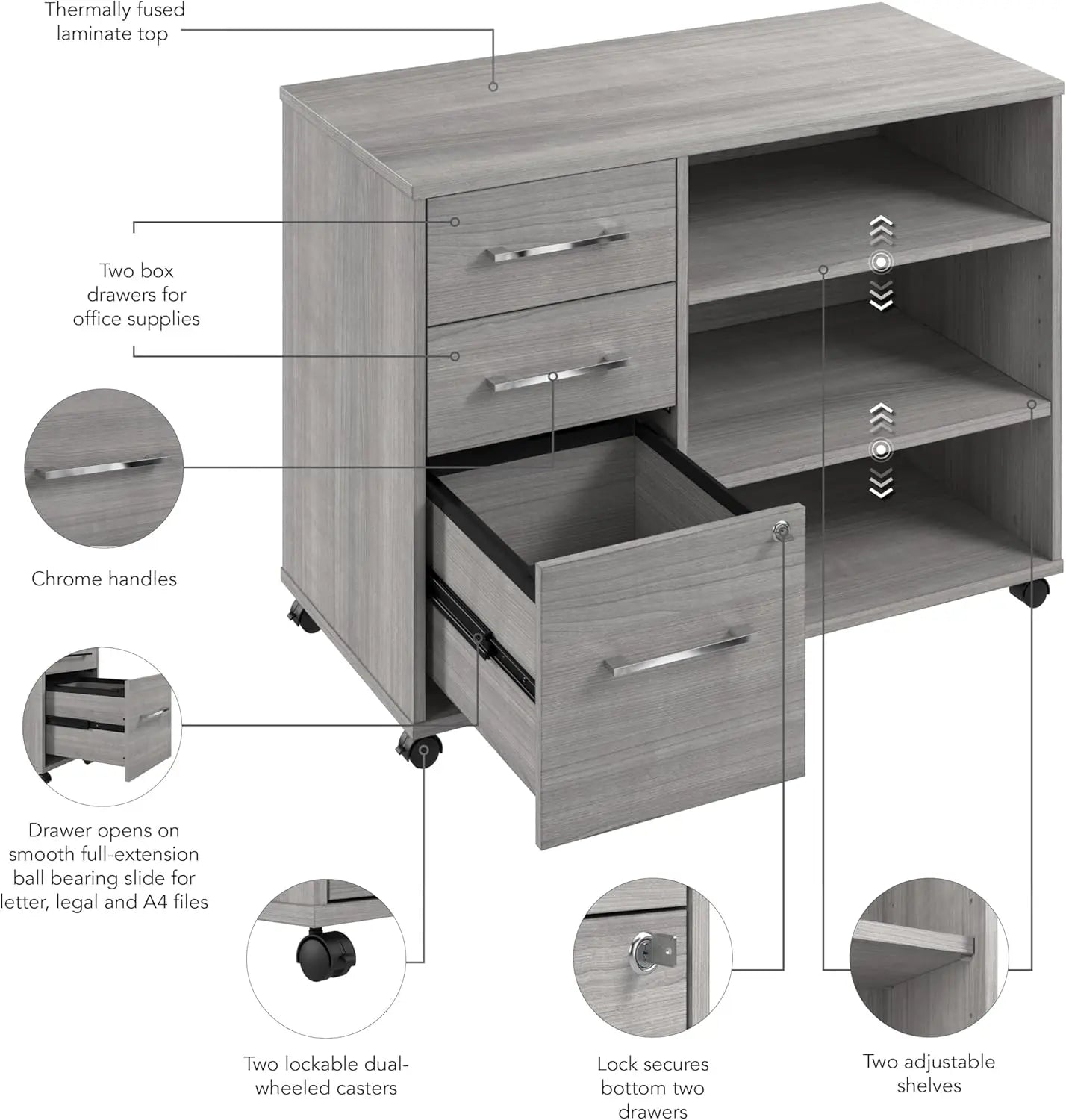 Gabinete de almacenamiento de oficina con ruedas en gris platino, unidad de organización móvil para el hogar y el espacio de trabajo profesional