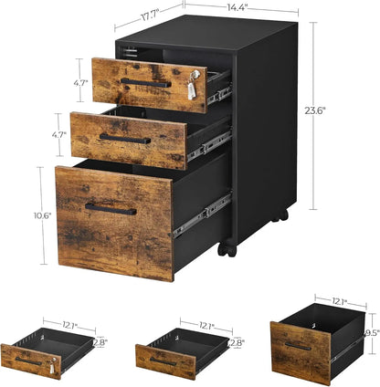 Lockable office filing cabinet, pre installed, suitable for A4, legal, and letter sized documents except for wheels and handles