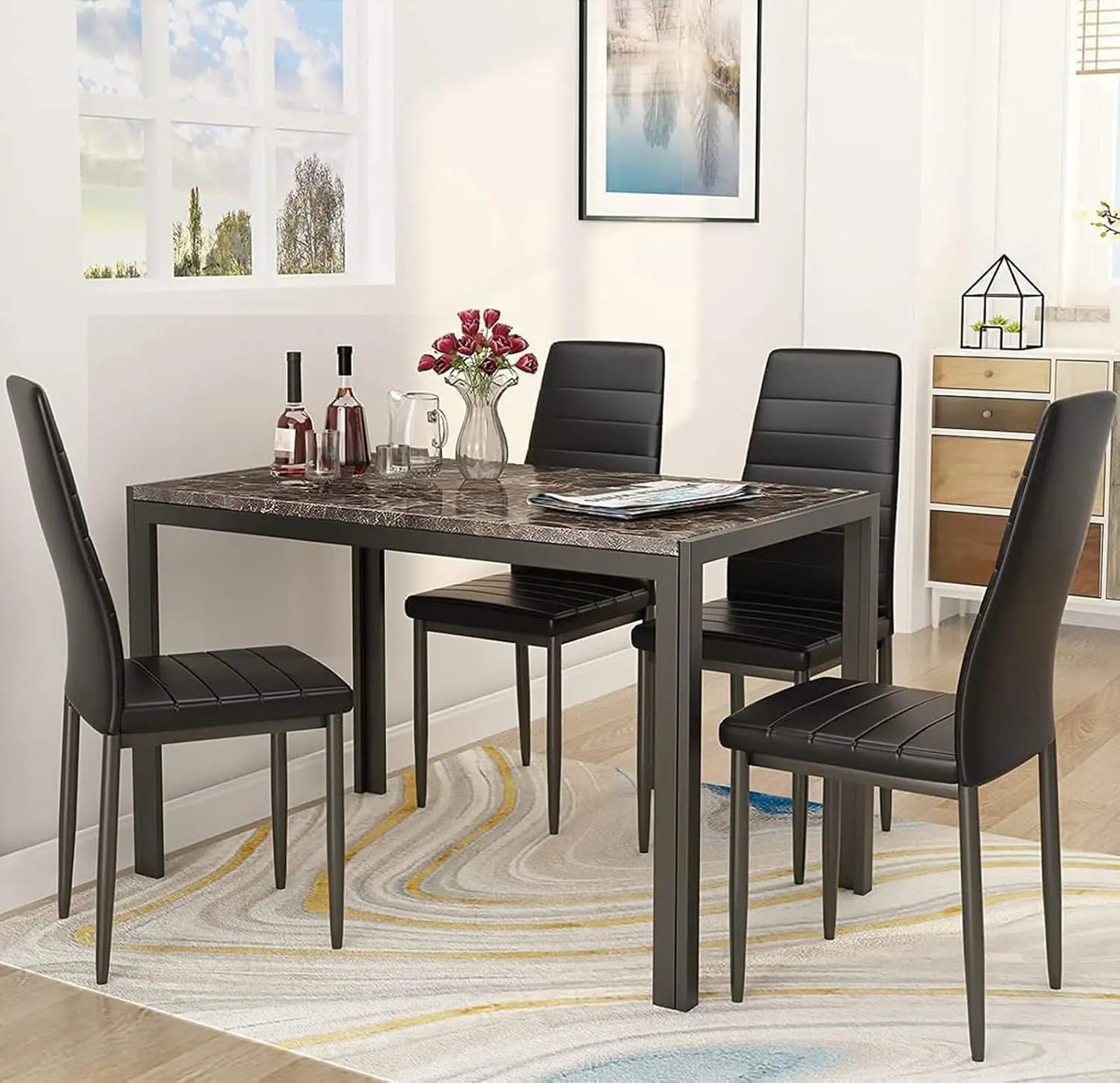 Ensemble de table à manger pour 4 personnes, ensemble de table et de chaises de cuisine de 4 pièces, ensemble de table de salle à manger en faux marbre, petite table de cuisine, brun